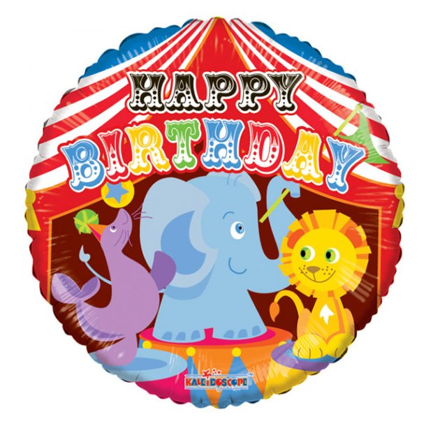 Rund cirkus "Happy birthday" folieballon - 46 cm