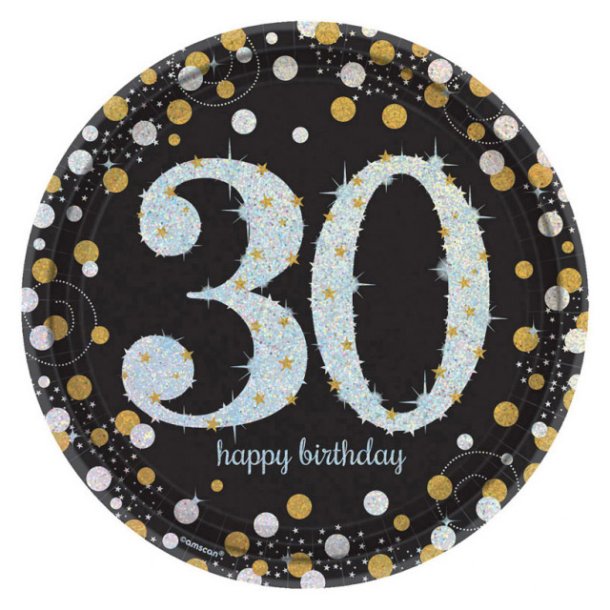 30 rs Fdselsdag paptallerkner 8 stk., 22,8 cm