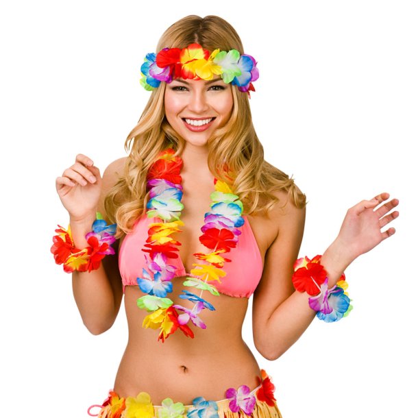 Hawaii krans st, 4 dele multifarvet blomster